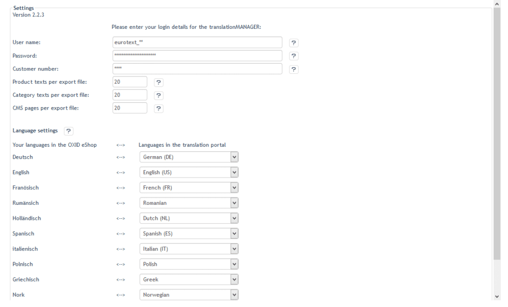 translationMANAGER for OXID - Settings